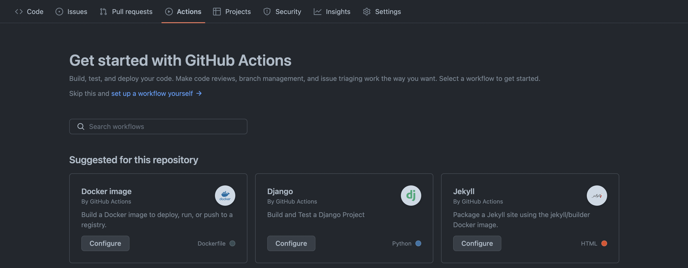 GitHub actions tab